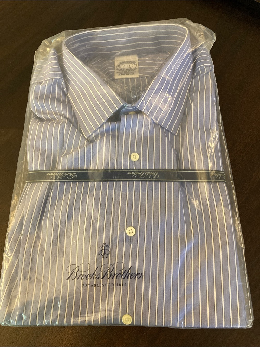 NWT Brooks Brothers Light Blue Dress Shirt with White Pinstripes, Size 17-33